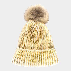 White Gold Beanie with Fur Ball